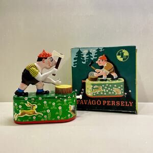 Vintage Wood Cutter Tin Bank Favago Persely Made in Hungary